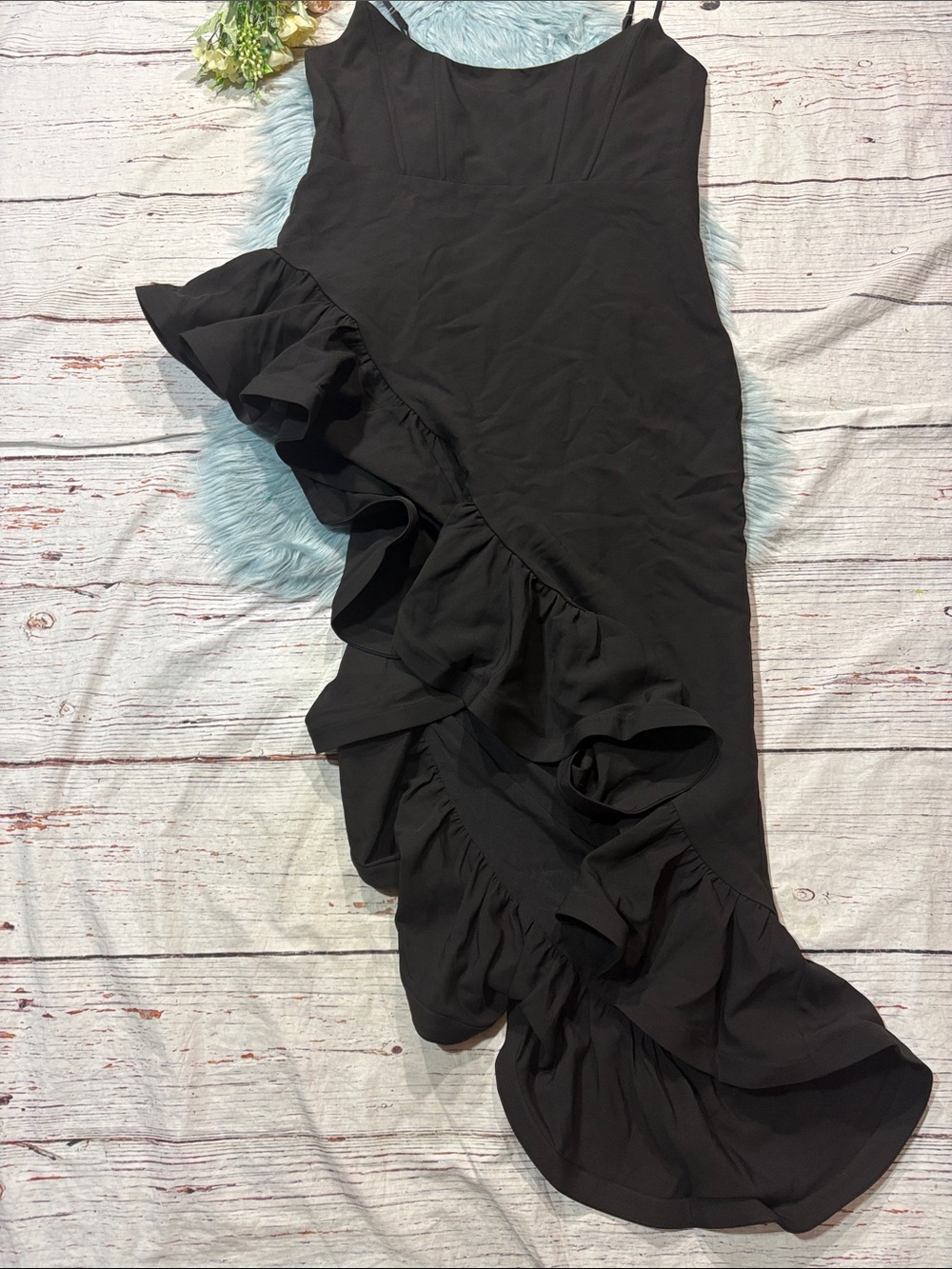 NWT Showpo Maura Maxi Scoop Neckline Ruffle High Low Dress in Black - Picture 9 of 10